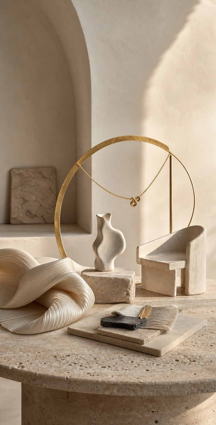 Atelier study combining textile, jewelry, ceramic and furniture forms