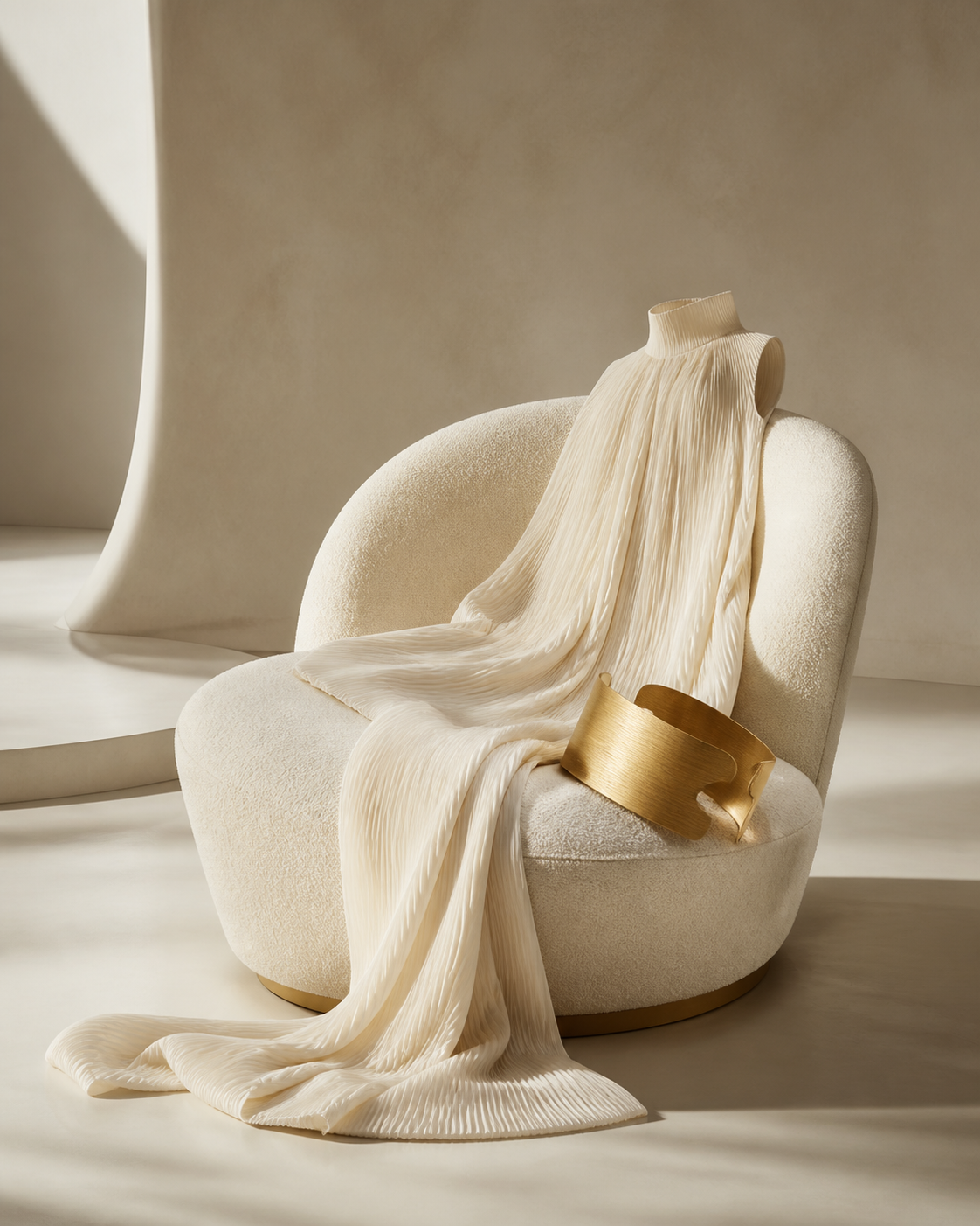 Ivory sculptural chair styled with a flowing couture garment and brushed-gold jewelry